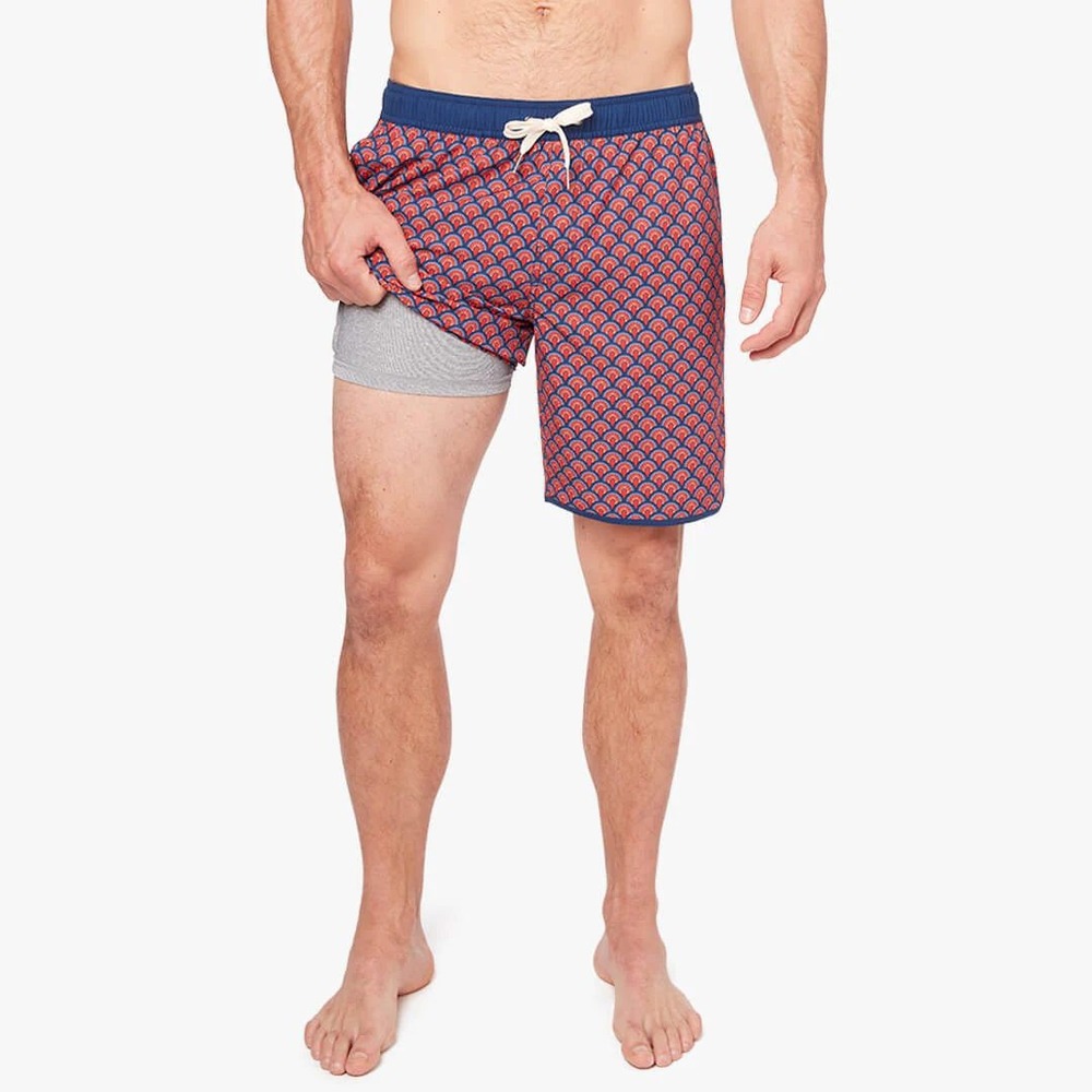 Fair Harbor Anchor Swim‎ Trunks Small Red Art Deco Print Liner Beach Coastal